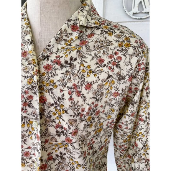Vintage 1960s Womens Beige Floral Button Blouse Cotton blend Size Large - Picture 9 of 16